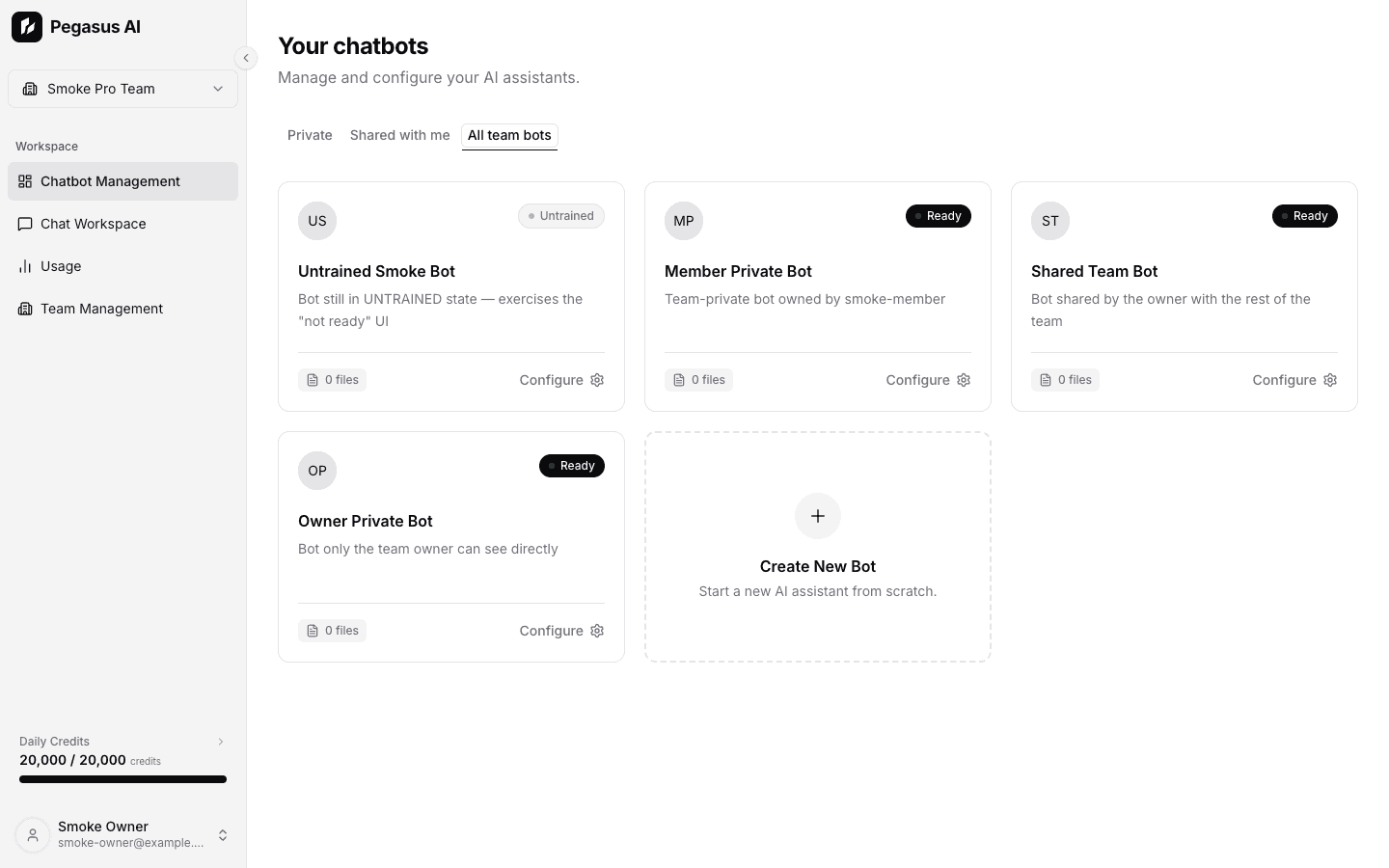 Pegasus dashboard showing chatbot management