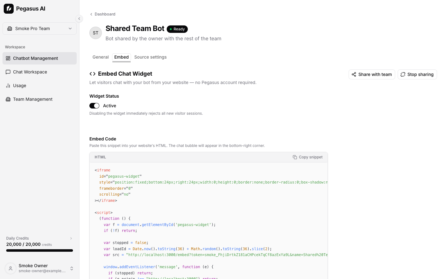 Enabled embed widget with snippet