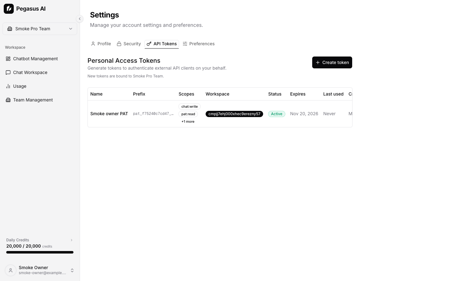 API Tokens settings tab